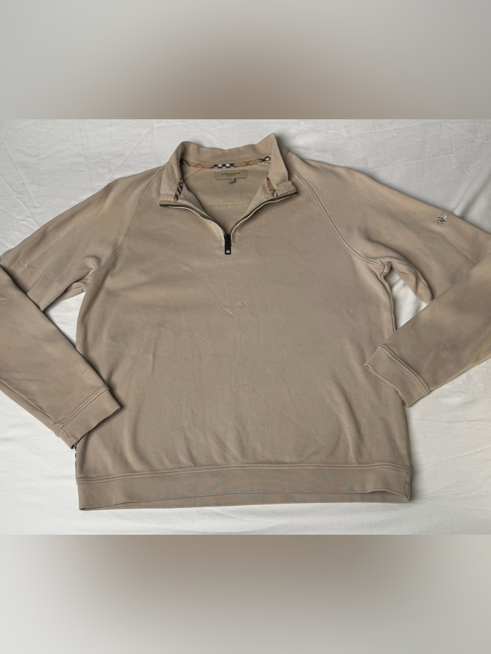 Burberry London Quarter Zip Pullover Sweatshirt Beige Nova Check Trim Size Large